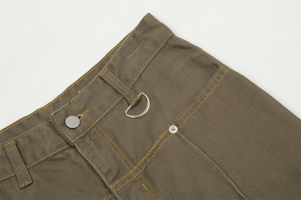 Pocket Design Washed Denim Straight-Leg Trousers