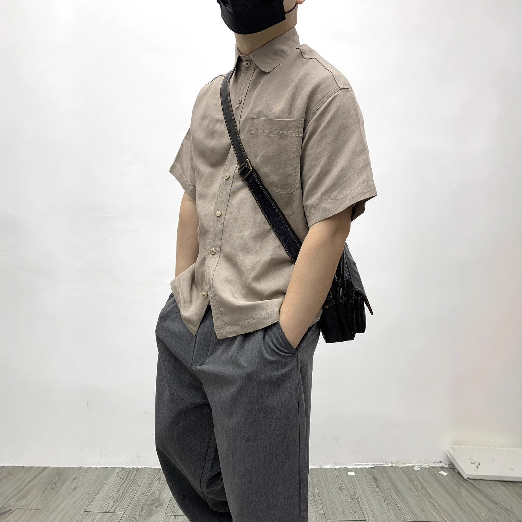 Flat Hem Cotton And Linen Short-sleeved Shirt Men's Japanese-style Retro Linen
