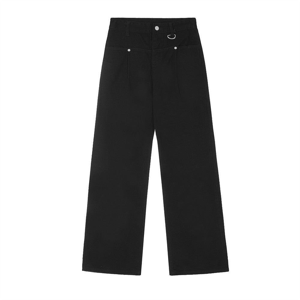 Pocket Design Washed Denim Straight-Leg Trousers