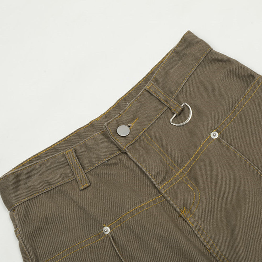 Pocket Design Washed Denim Straight-Leg Trousers